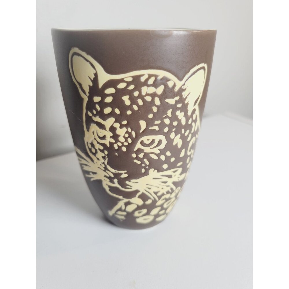 Vintage Leopard Coffee Tea Mug Spectrum Embossed Pottery Brown and Cream